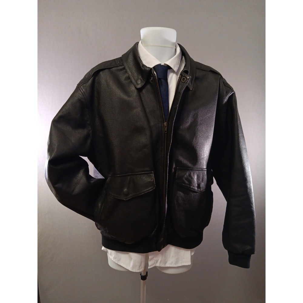 John Ashford Leather Jacket Men's Size M Black Bomber Zip Front Snap Cuff Pocket